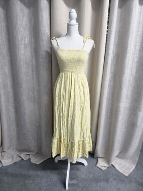 Japna Lemon Yellow Smocked Tie-Shoulder Midi Dress Summer Size S